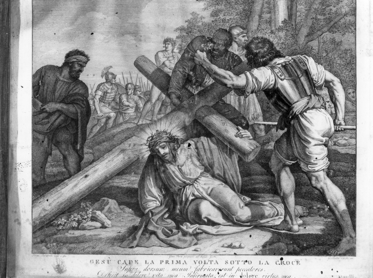 stazione III: Gesù cade sotto la croce la prima volta (stampa, serie) di Pera Giuseppe (attribuito), Sabatelli Luigi (attribuito), Cecchi Giovan Battista (attribuito) (sec. XIX)