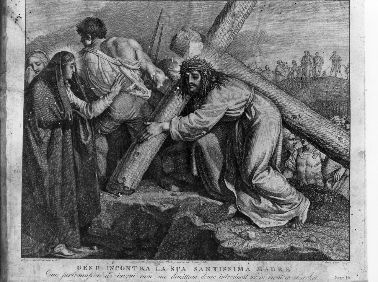 stazione IV: Gesù incontra la Madonna (stampa, serie) di Pera Giuseppe (attribuito), Sabatelli Luigi (attribuito), Cecchi Giovan Battista (attribuito) (sec. XIX)