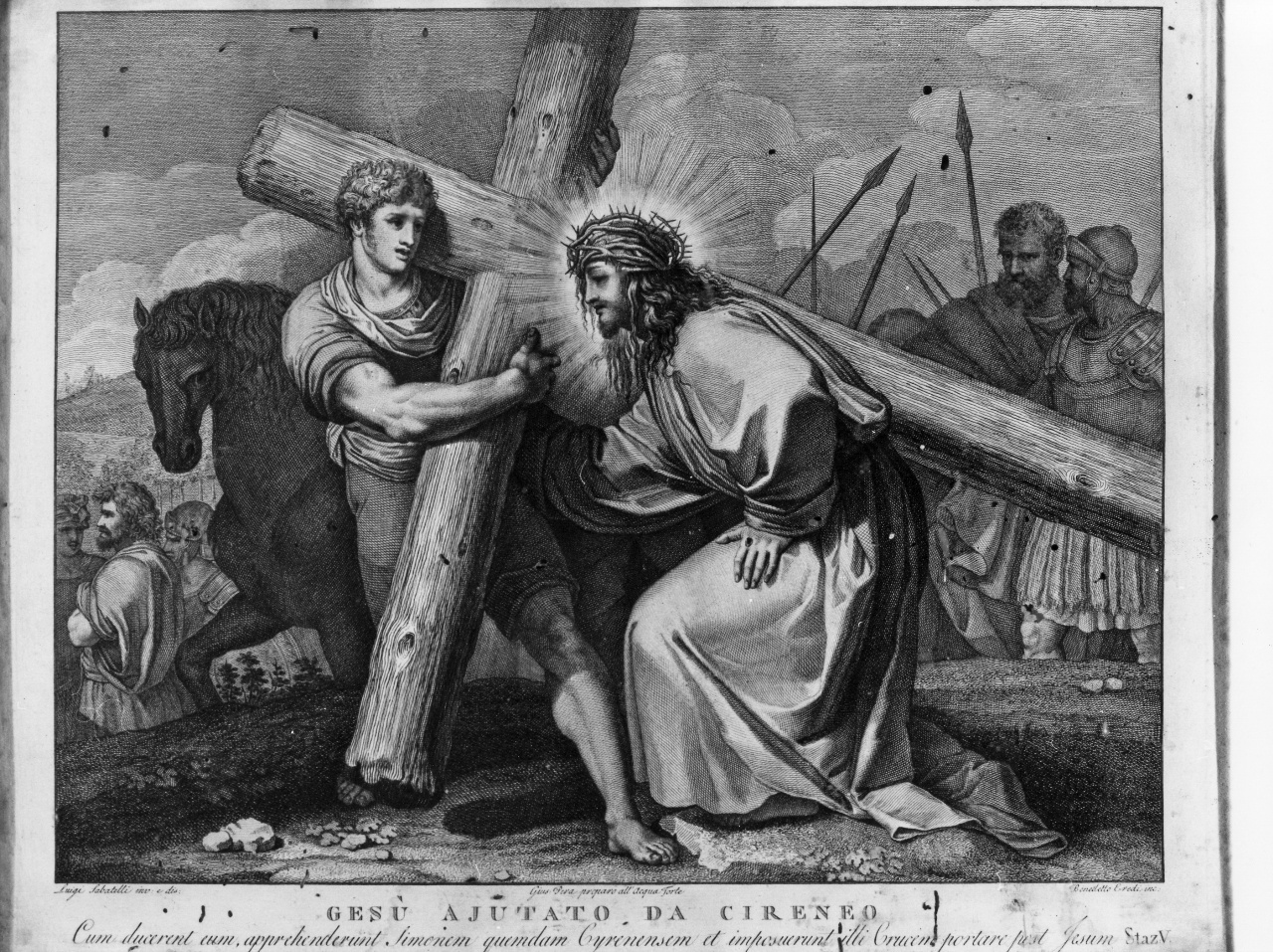 stazione V: Gesù aiutato da Simone il Cireneo a portare la croce (stampa, serie) di Pera Giuseppe (attribuito), Sabatelli Luigi (attribuito), Eredi Benedetto (attribuito) (sec. XIX)