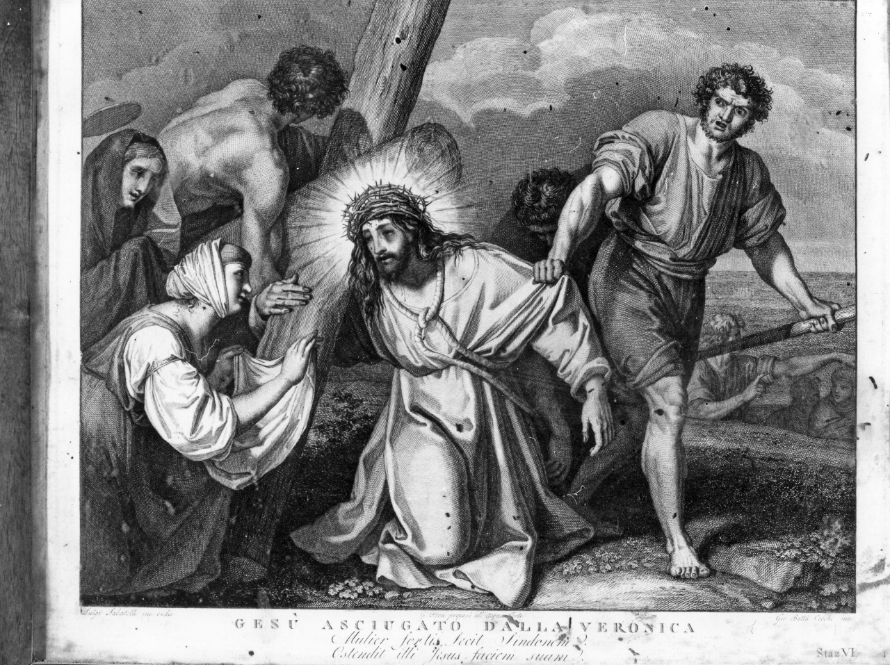 stazione VI: Gesù asciugato dalla Veronica (stampa, serie) di Pera Giuseppe (attribuito), Sabatelli Luigi (attribuito), Cecchi Giovan Battista (attribuito) (sec. XIX)