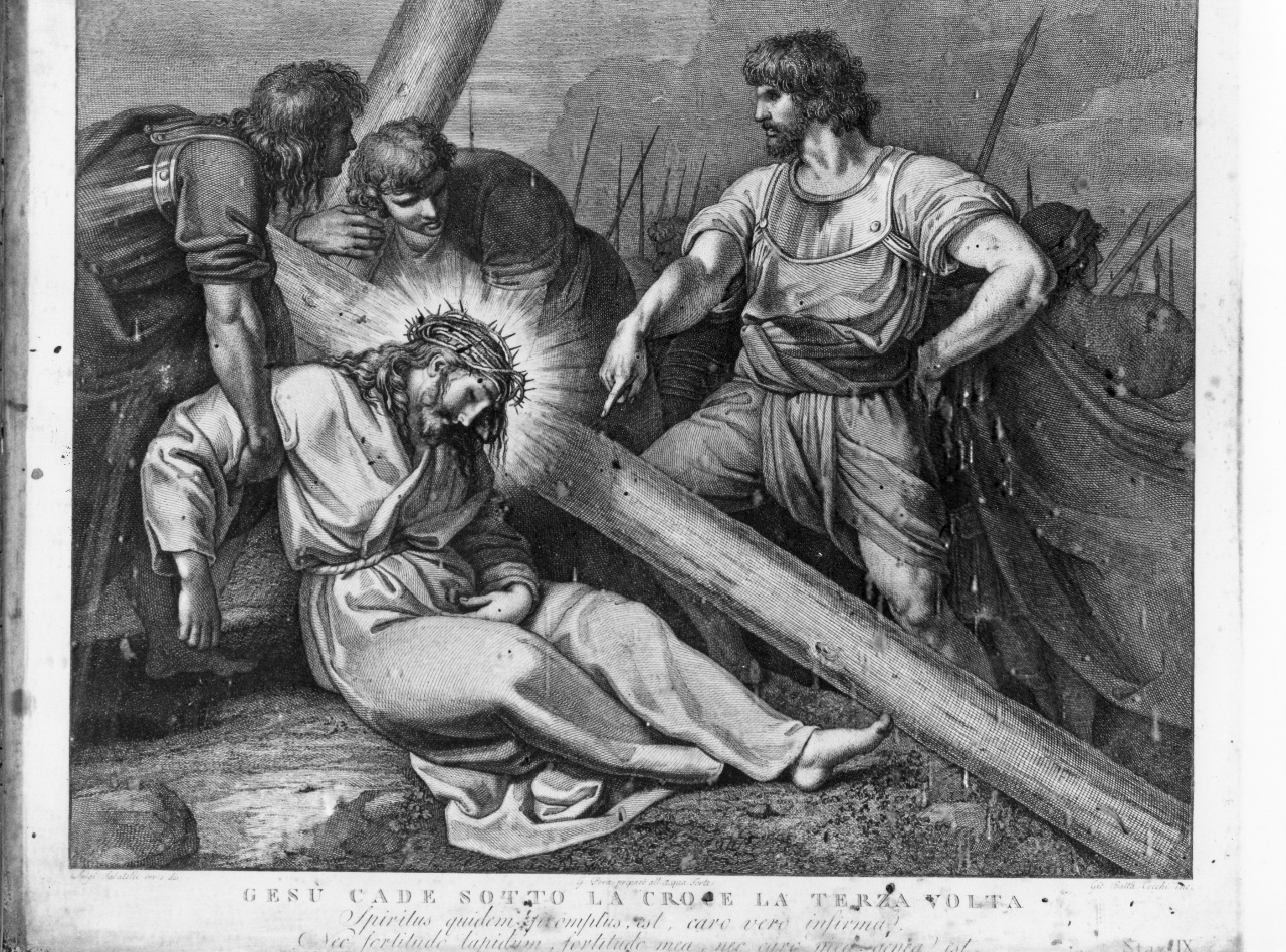 stazione IX: Gesù cade sotto la croce la terza volta (stampa, serie) di Pera Giuseppe (attribuito), Sabatelli Luigi (attribuito), Cecchi Giovan Battista (attribuito) (sec. XIX)
