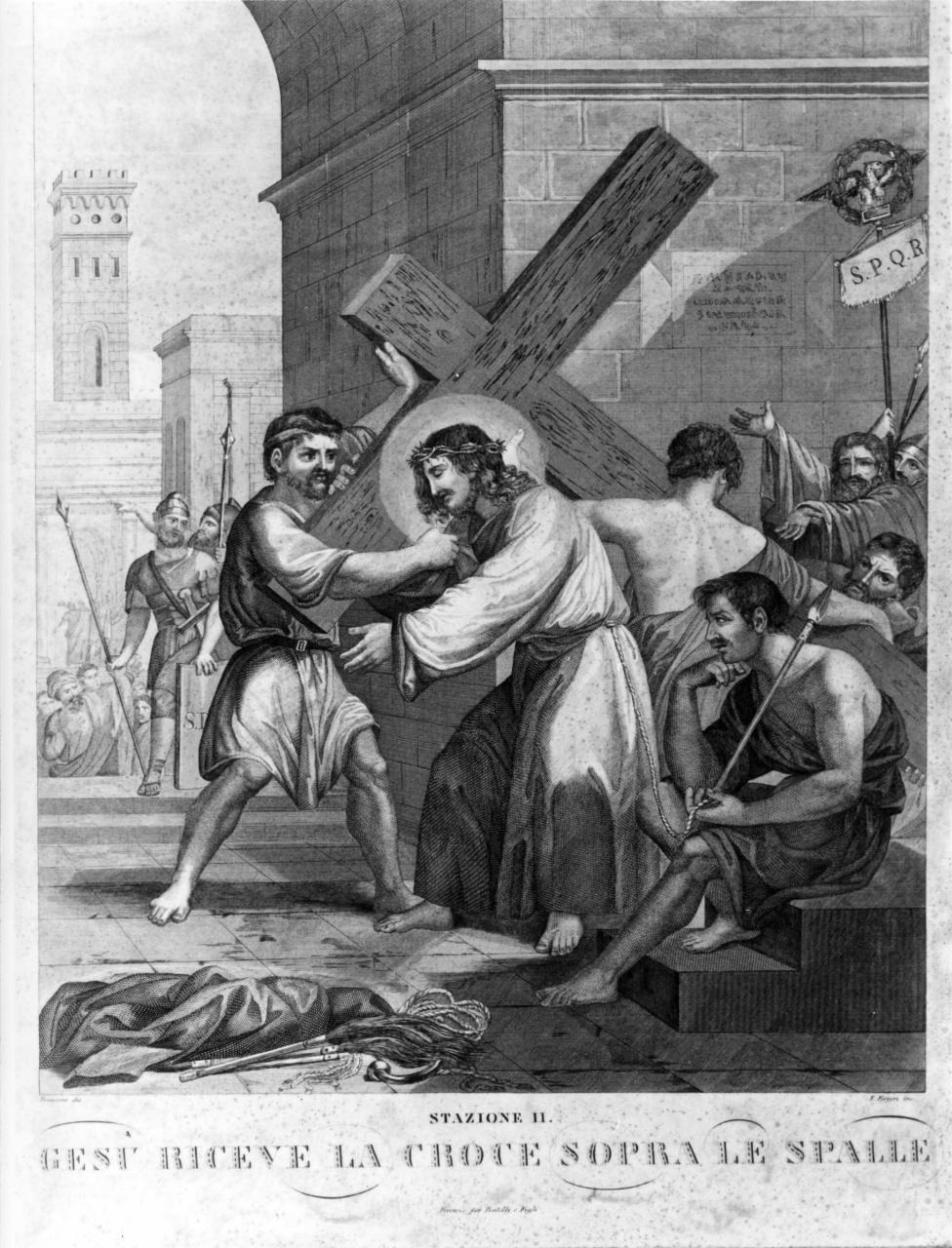 stazione II: Gesù caricato della croce (stampa) di Ferreri E (attribuito), Pieraccini Francesco (attribuito) (prima metà sec. XIX)