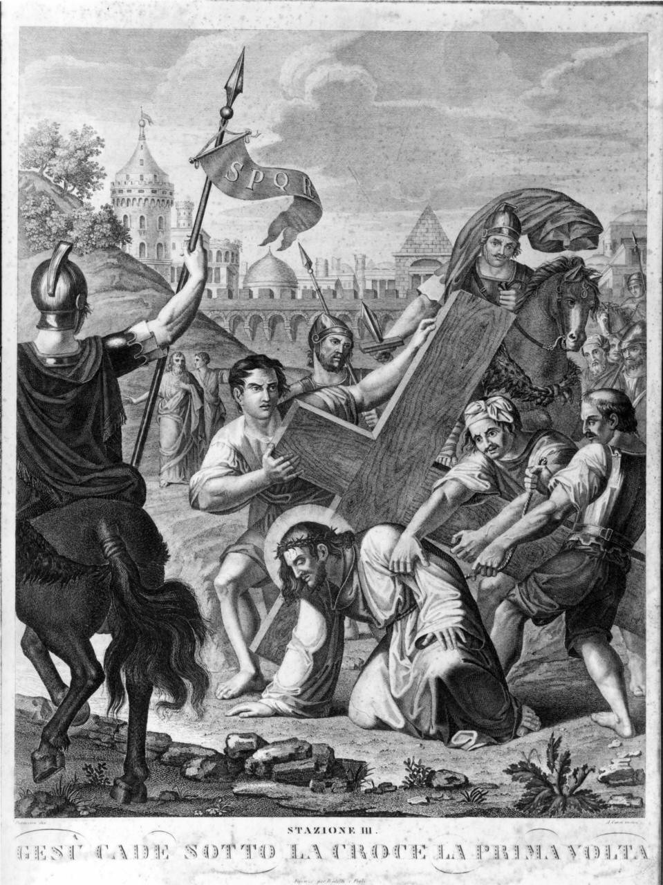 stazione III: Gesù cade sotto la croce la prima volta (stampa) di Pieraccini Francesco (attribuito), Corsi A (attribuito) (prima metà sec. XIX)