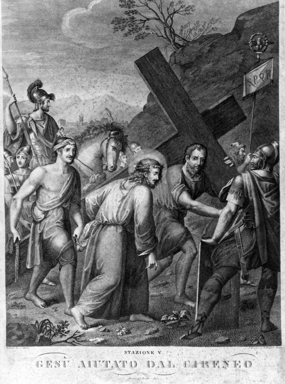 stazione V: Gesù aiutato da Simone il Cireneo a portare la croce (stampa) di Pieraccini Francesco (attribuito), Margheri A (attribuito) (prima metà sec. XIX)