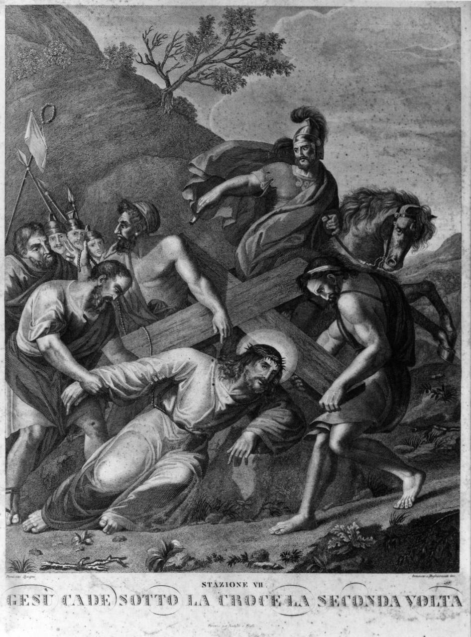 stazione VII: Gesù cade sotto la croce la seconda volta (stampa) di Pieraccini Francesco (attribuito), Magliavacca Innocenzo (attribuito) (prima metà sec. XIX)