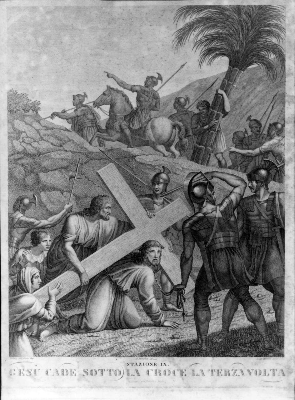 stazione IX: Gesù cade sotto la croce la terza volta (stampa) di Margheri R (attribuito), Martelli Luigi (attribuito) (prima metà sec. XIX)