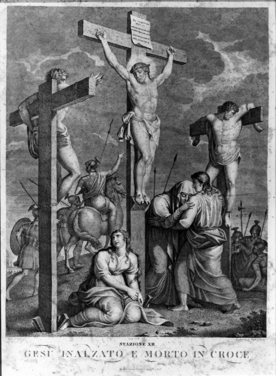 stazione XII: Gesù innalzato e morto in croce (stampa) di Scotti Luigi (attribuito), Margheri A (attribuito), Margheri R (attribuito) (prima metà sec. XIX)