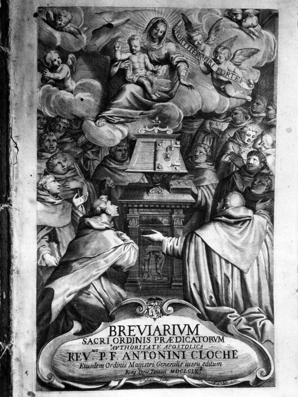 Madonna in gloria fra Santi domenicani e cherubini (stampa) di Audran Jean (attribuito), Pozzi Francesco (attribuito) (sec. XVII)