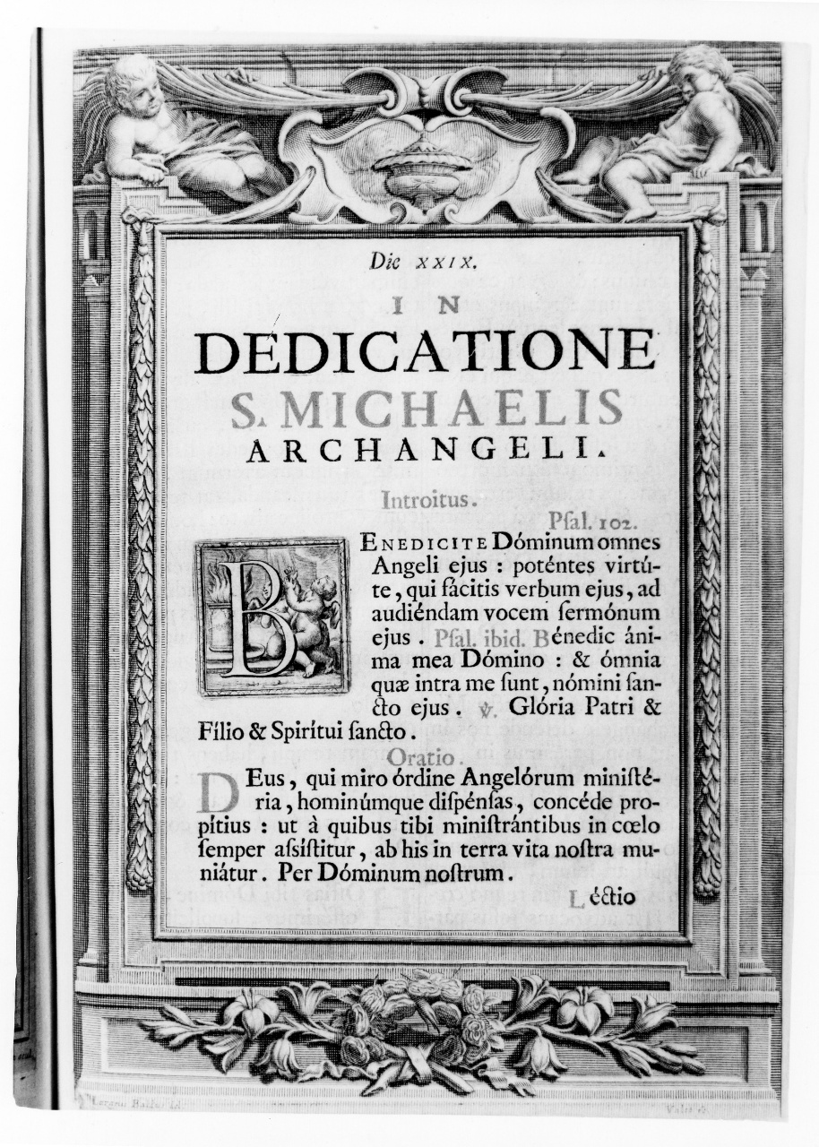 cornice architettonica con motivi decorativi e figure (stampa) di Vallet Guillaume, Baldi Lazzaro (primo quarto sec. XVIII)