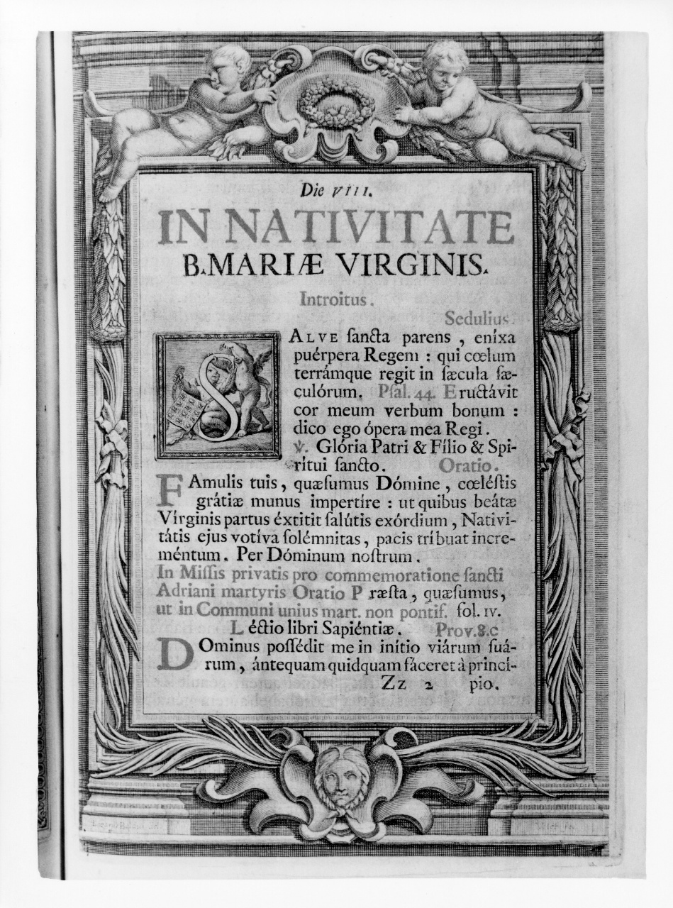 cornice architettonica con motivi decorativi e figure (stampa) di Vallet Guillaume, Baldi Lazzaro (primo quarto sec. XVIII)