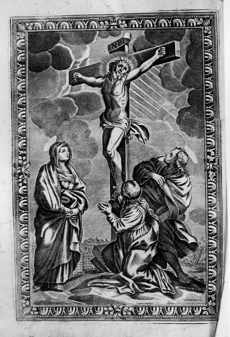 crocifissione di Cristo con la Madonna, san Giovanni evangelista e santa Maria Maddalena (stampa) di Piccini Elisabetto detta Suor Isabella (sec. XVIII)
