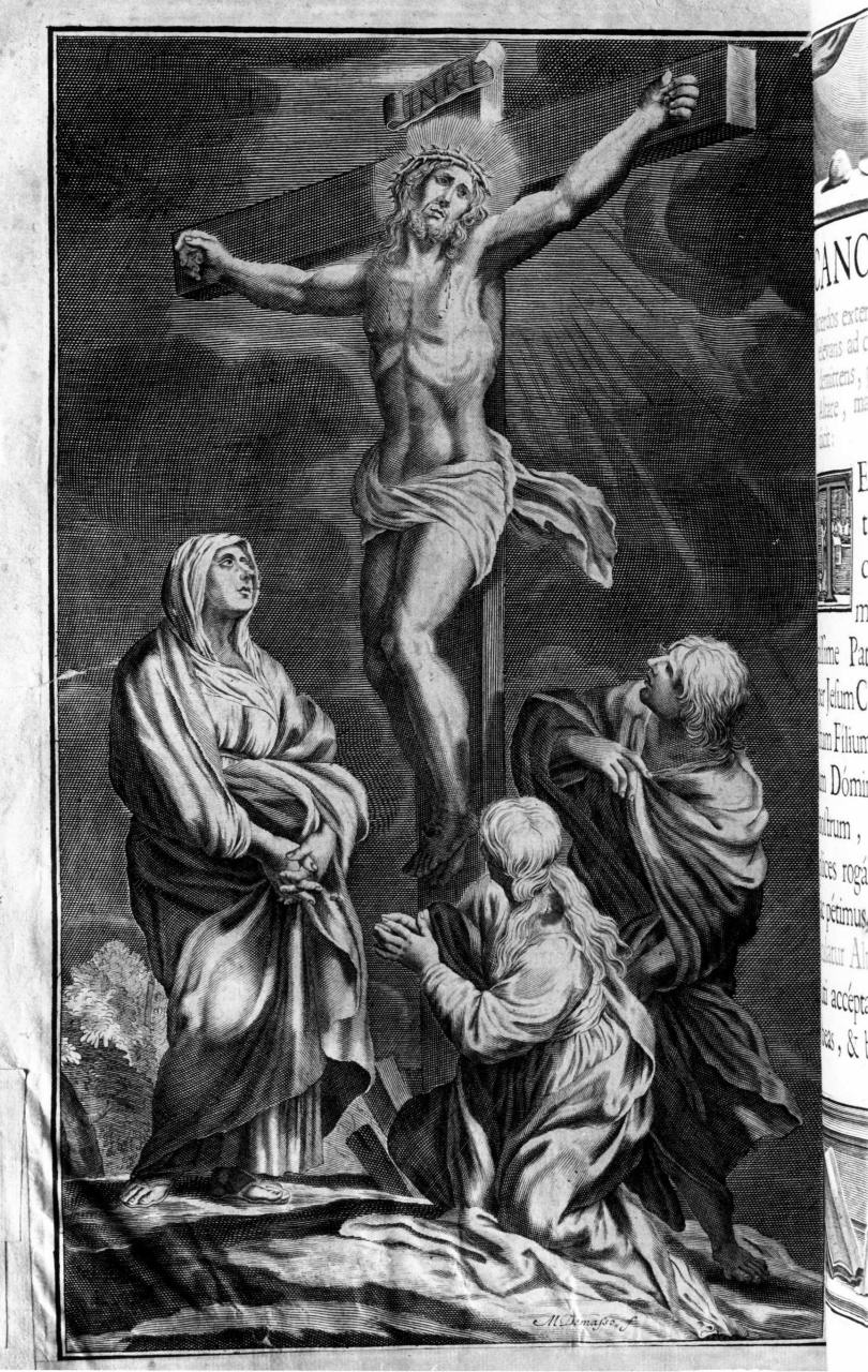 Cristo crocifisso con la Madonna, Santa Maria Maddalena e San Giovanni Evangelista (stampa) di Demasso Michel-Francois (sec. XVIII)