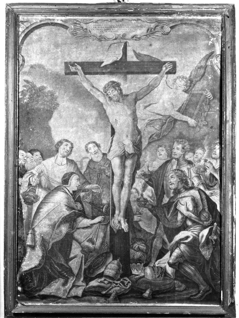 crocifissione con pontefice e personaggio regale (stampa) di Heiss Gottlieb (sec. XVIII)