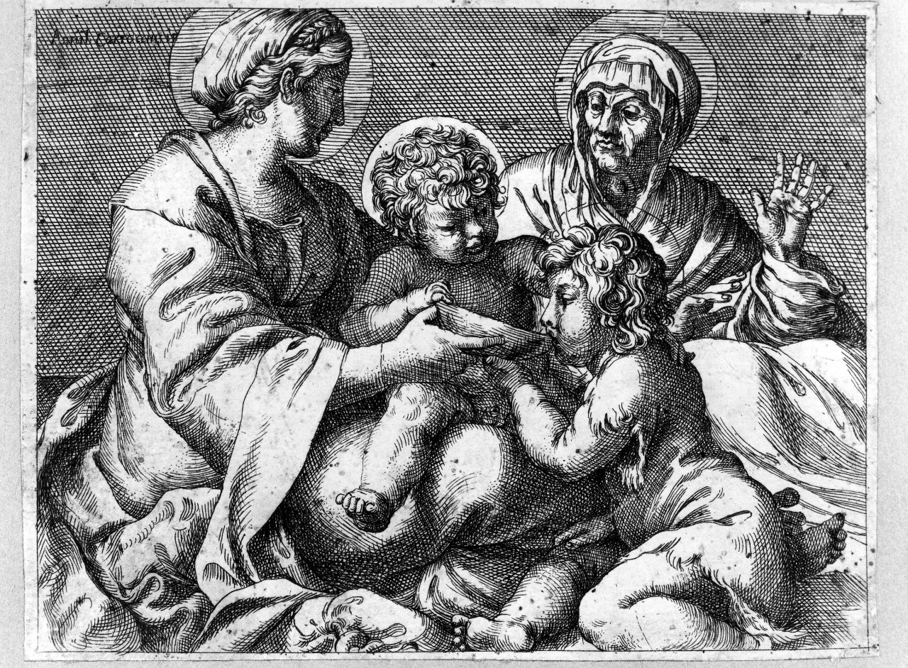 Madonna della Scodella, Madonna con Gesù Bambino San Giovanni Battista bambino e Sant'Elisabetta (stampa) di Carracci Annibale (primo quarto sec. XVII)