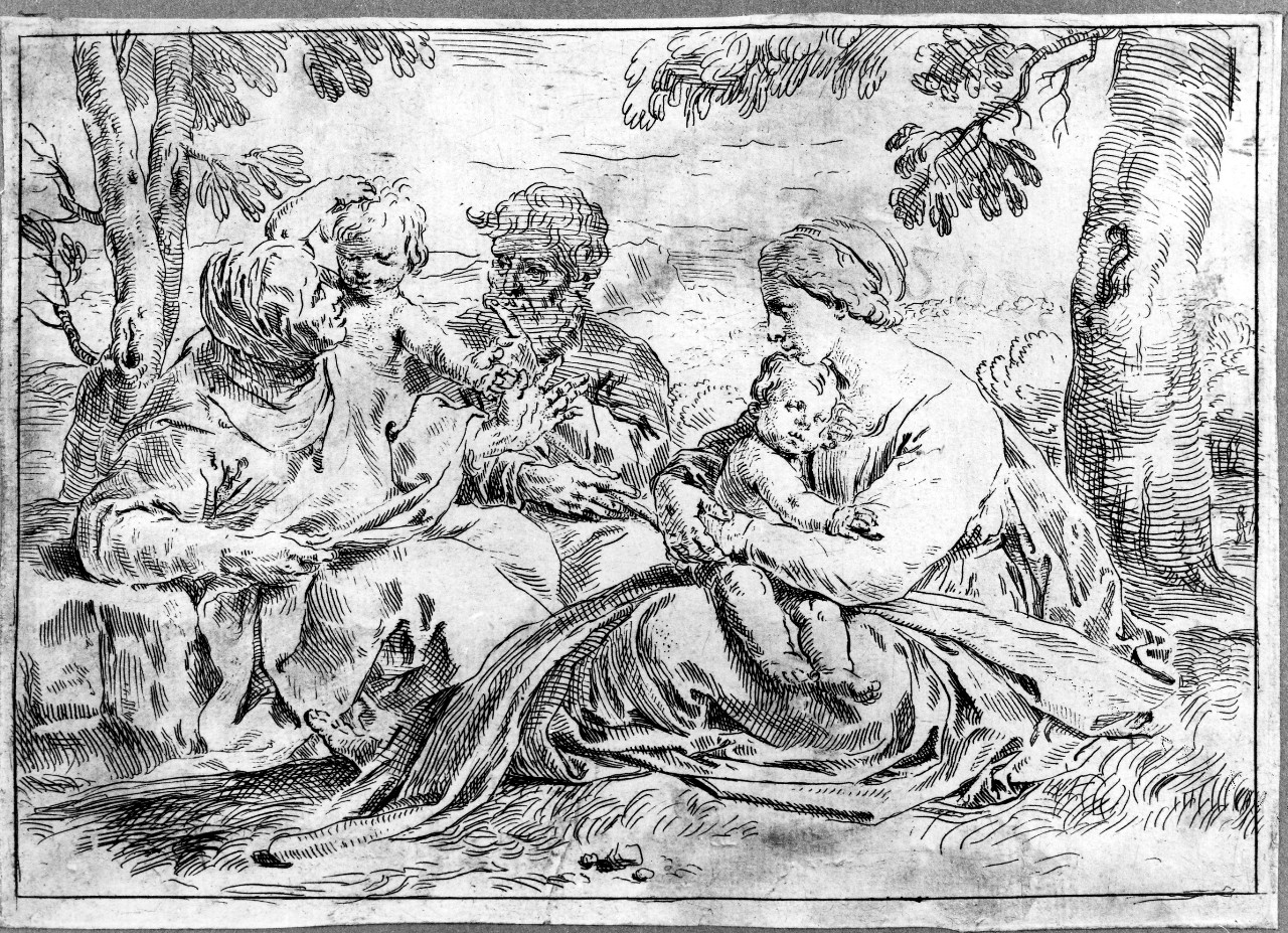 Sacra Famiglia con San Giovannino e Sant'Elisabetta (stampa) di Cantarini Simone (secondo quarto sec. XVII)