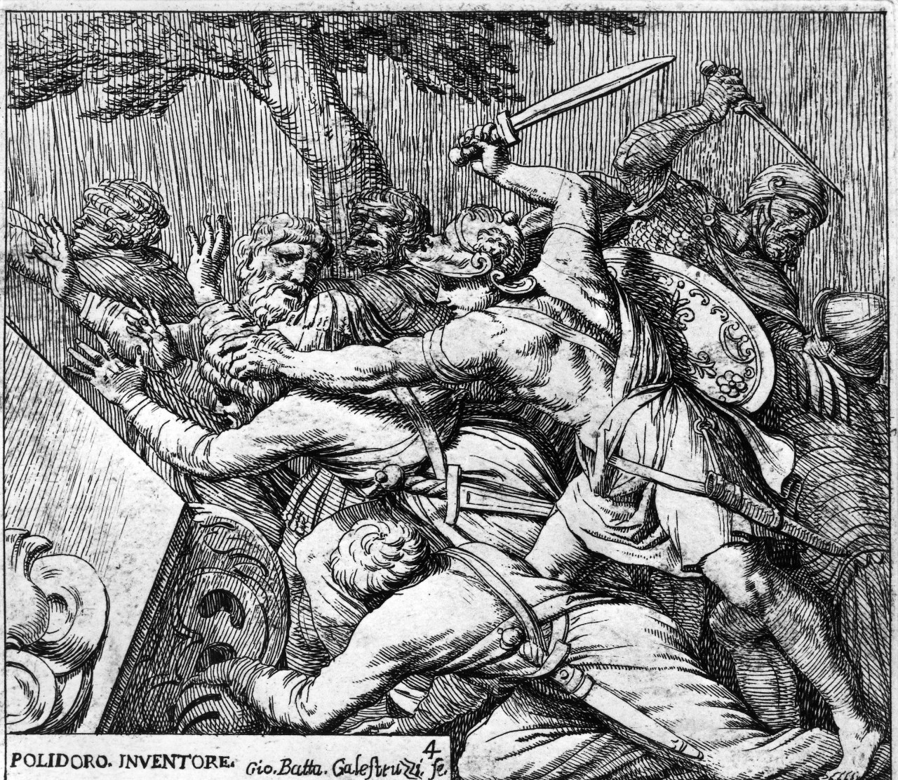 I soldati di Ciro distruggono l'armata di Spargabise (stampa, serie) di Polidoro da Caravaggio, Galestruzzi Giovanni Battista (seconda metà sec. XVII)