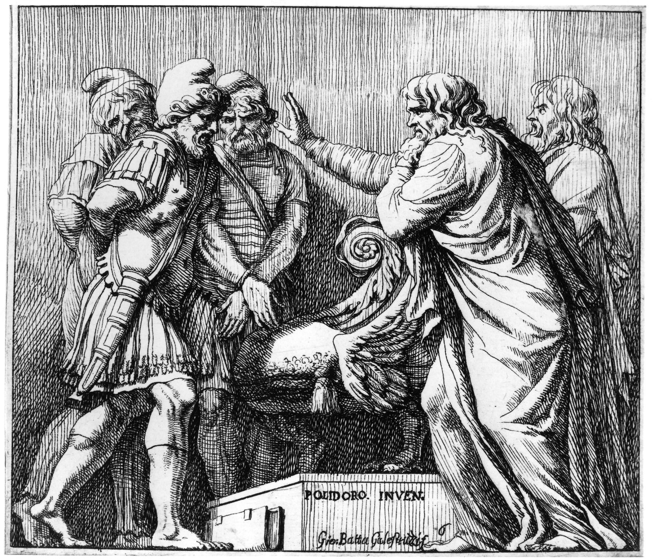Tre barbari prigionieri davanti a due senatori (stampa, serie) di Polidoro da Caravaggio, Galestruzzi Giovanni Battista (seconda metà sec. XVII)