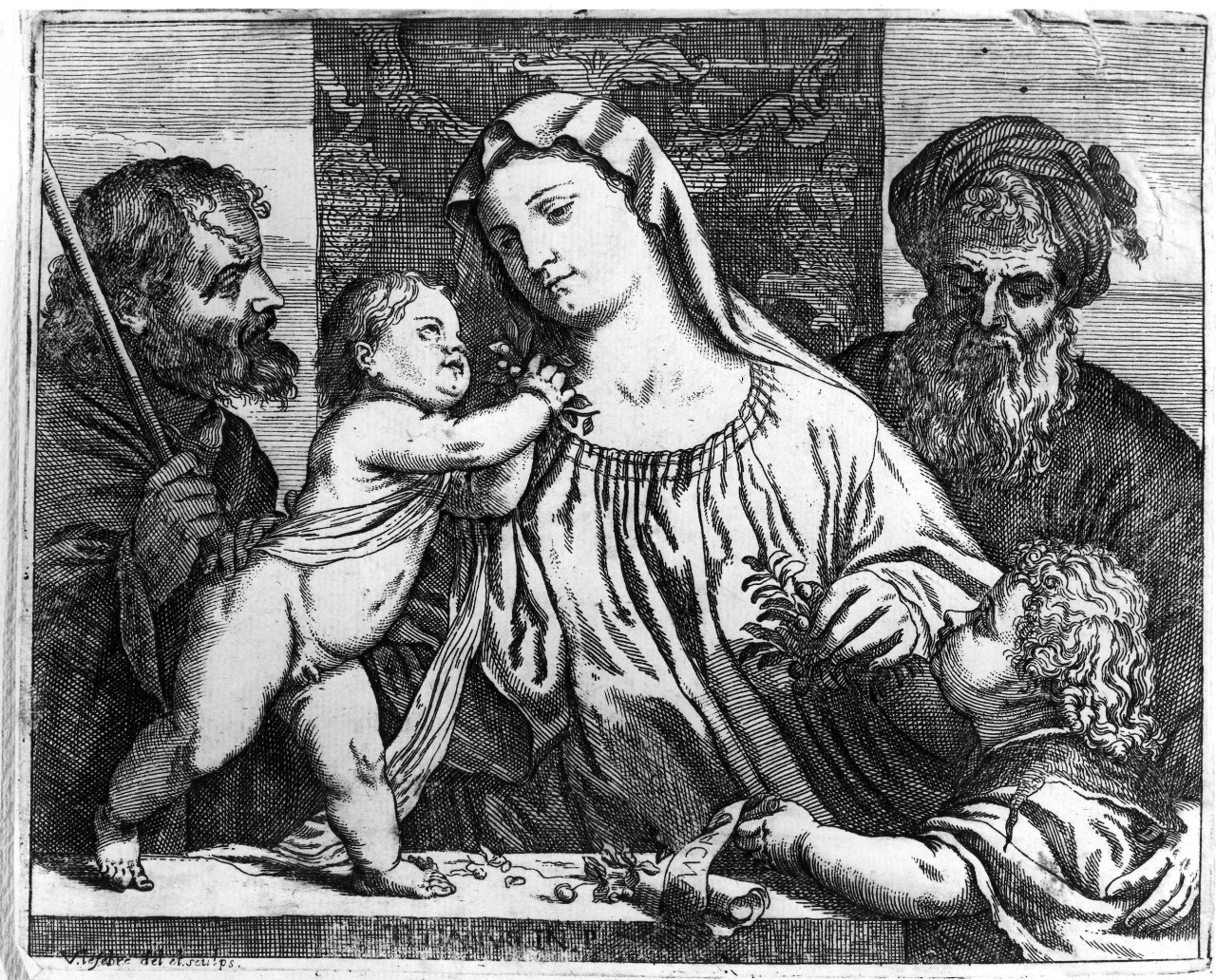 Madonna delle Ciliege, Sacra Famiglia con San Giovannino e Sant'Elisabetta (stampa, serie) di Vecellio Tiziano, Lefèvre Valentin (seconda metà sec. XVII)