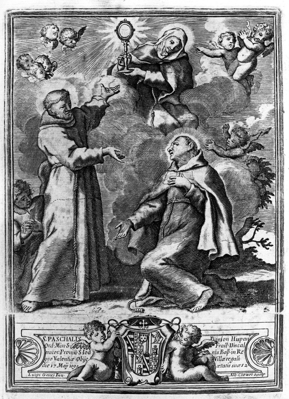 San Pasquale Baylon con i SS. Francesco e Chiara in adorazione dell'Eucarestia (stampa) di Garzi Luigi, Clowet Albert (sec. XVII)