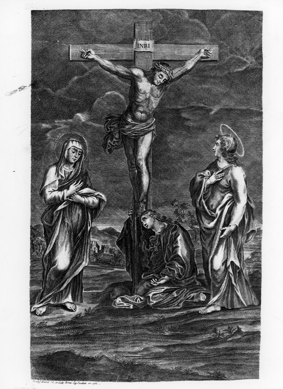 Cristo crocifisso con la Madonna, Santa Maria Maddalena e San Giovanni evangelista (stampa) di Grandi Carlo (sec. XVIII)