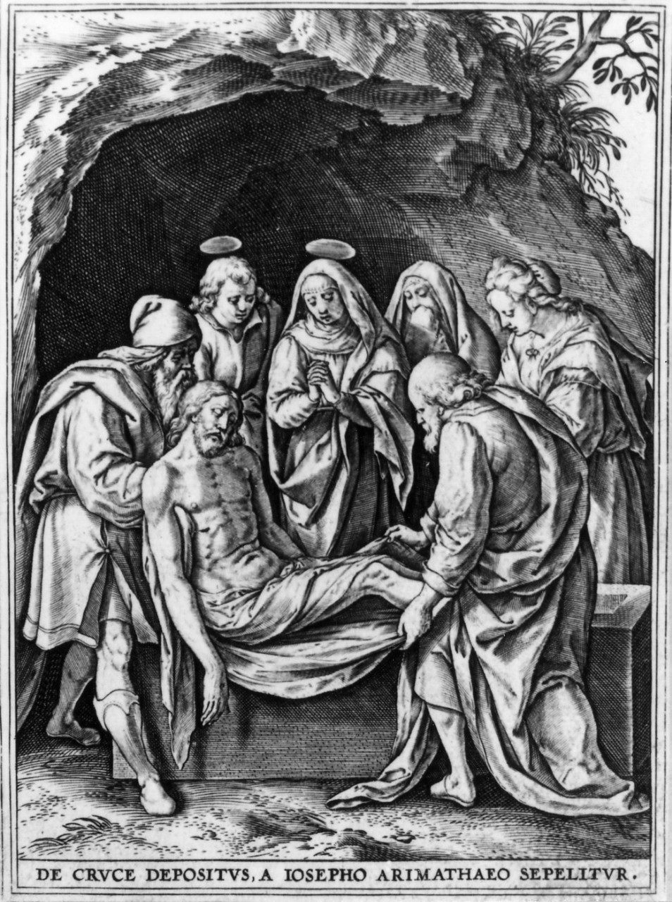deposizione di Cristo nel sepolcro (stampa, serie) di De Vos Marten, Wierix Hieronymus (seconda metà sec. XVI)
