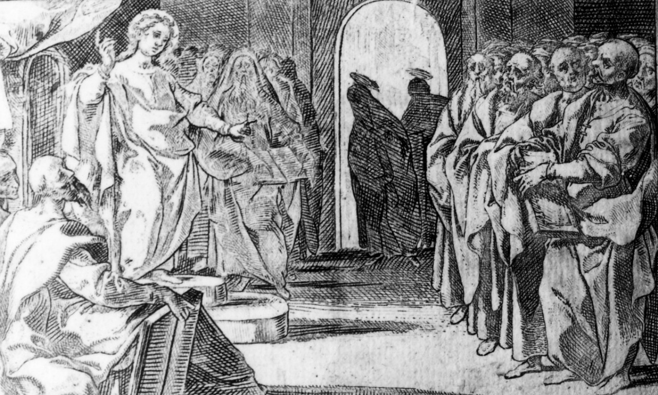 disputa di Gesù con i dottori nel tempio (stampa, serie) di Schiaminossi Raffaello (primo quarto sec. XVII)