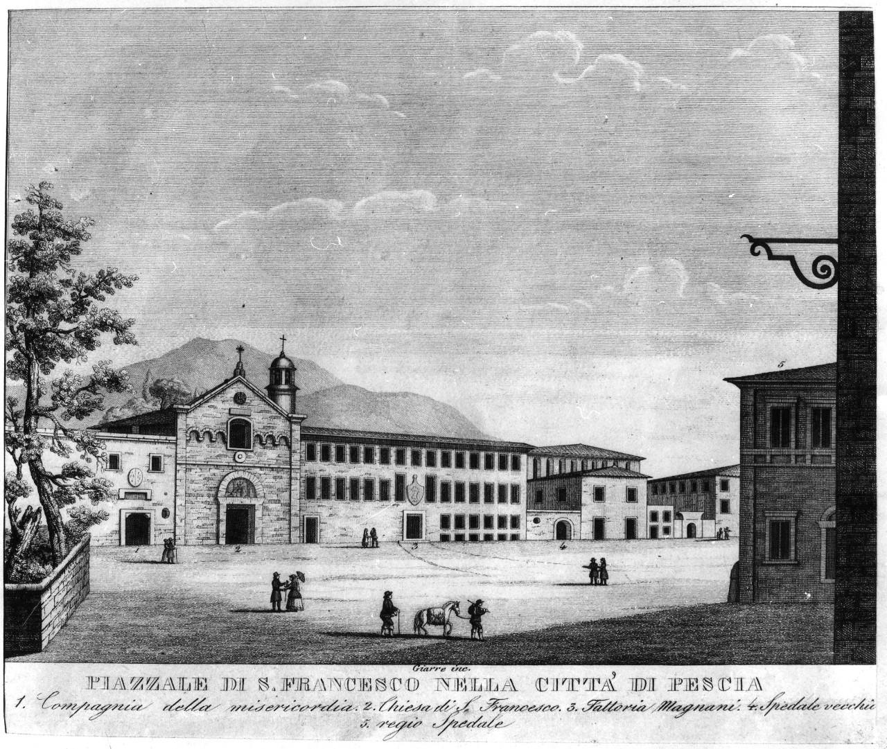 veduta di S. Francesco a Pescia (stampa) di Giarre Luigi (attribuito) (sec. XIX)