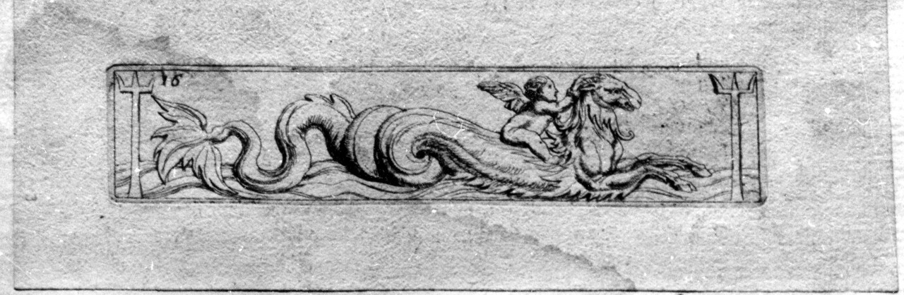 putto su mostro rivolto a destra (stampa) di Galestruzzi Giovanni Battista (terzo quarto sec. XVII)