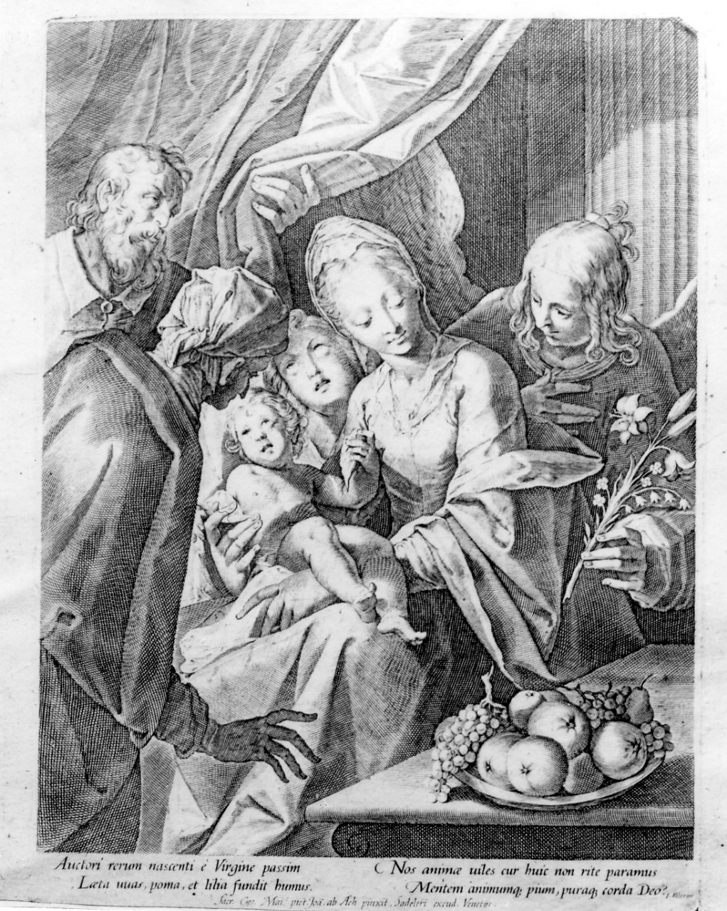 Sacra Famiglia con Sant'Anna (stampa) di Sadeler Aegidius, Von Aachen Johann (fine/inizio secc. XVI/ XVII)