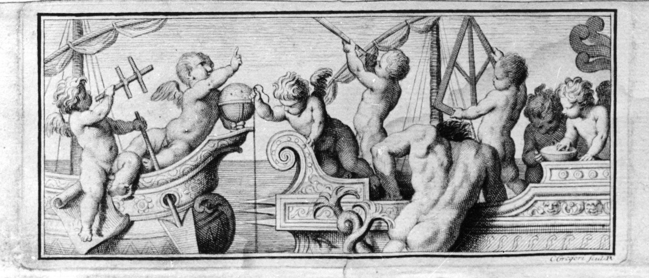 putti con strumenti scientifici per la navigazione (stampa) di Gregori Carlo (sec. XVIII)