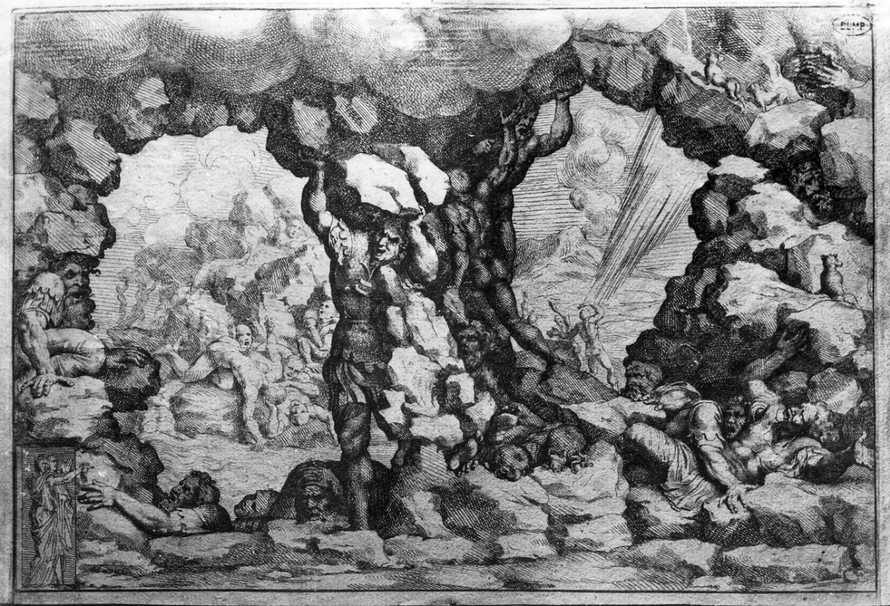 Giganti sepolti sotto i vulcani (stampa, serie) di Bartoli Pietro Santi, Berrettini Pietro detto Pietro da Cortona (seconda metà sec. XVI)