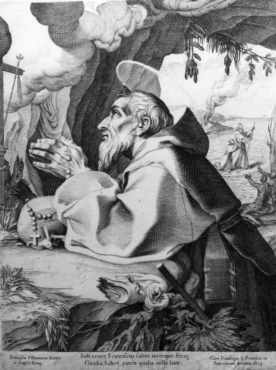 San Francesco di Paola in preghiera (stampa) di Villamena Francesco (primo quarto sec. XVII)