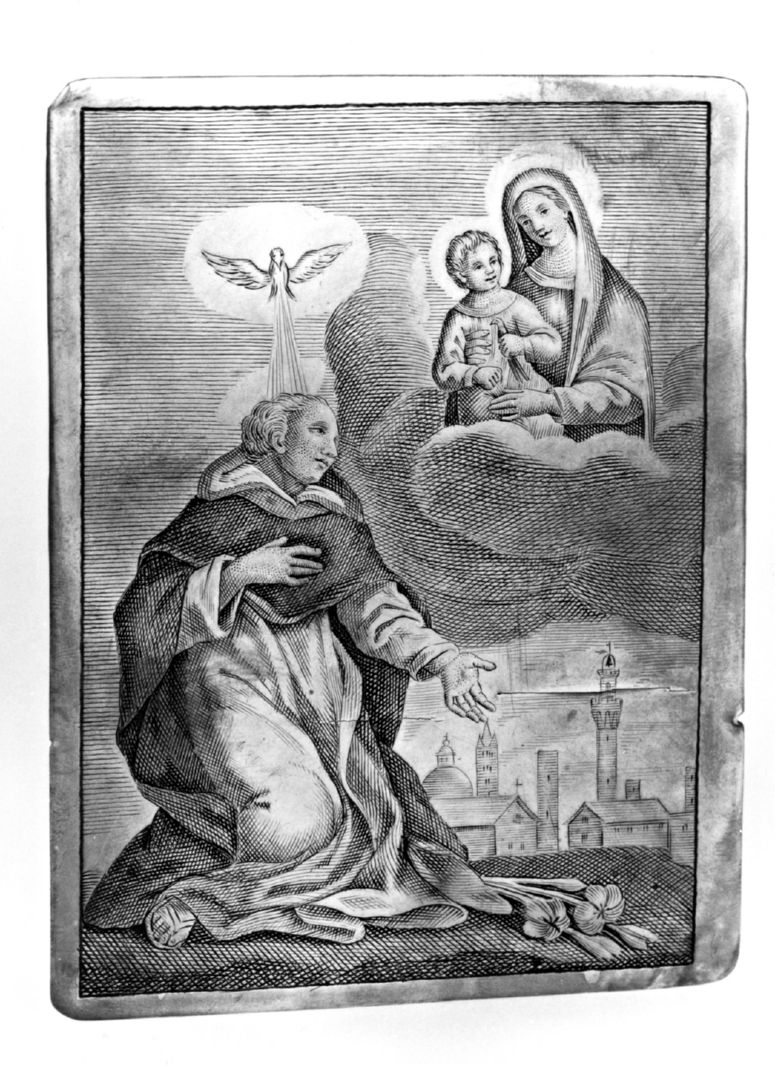 beato Ambrogio Sansedoni adora la Madonna con Bambino (matrice) - ambito toscano (sec. XVII)
