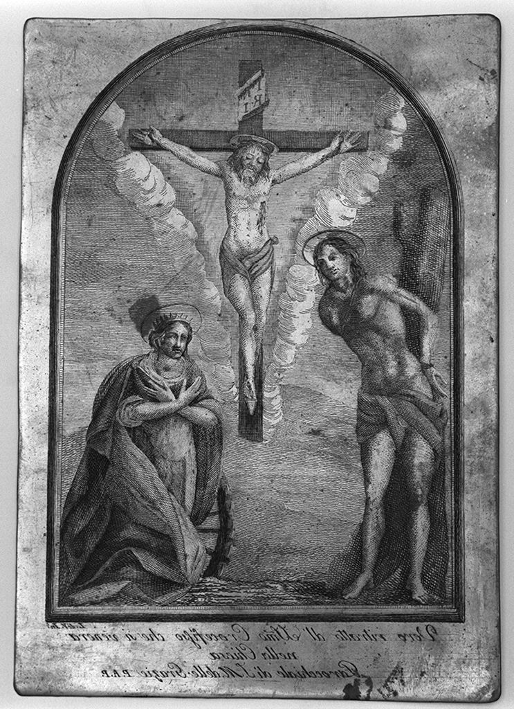 Cristo crocifisso con Santa Caterina d'Alessandria e San Sebastiano (matrice) - ambito italiano (secc. XVIII/ XIX)