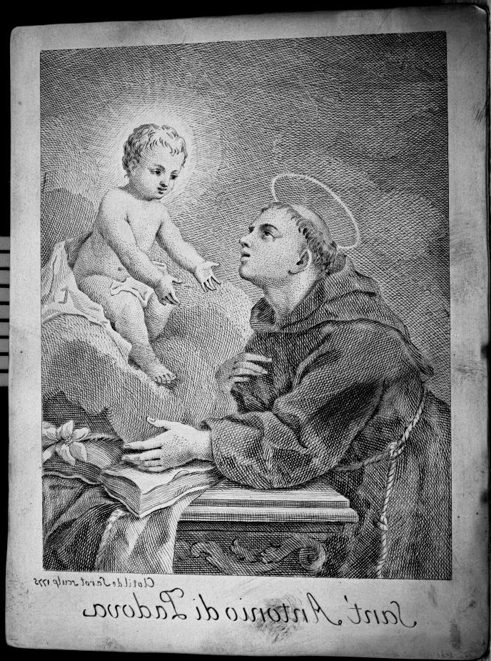 apparizione di Gesù Bambino a Sant'Antonio da Padova (matrice) di Sarot Clotilde (sec. XVIII)