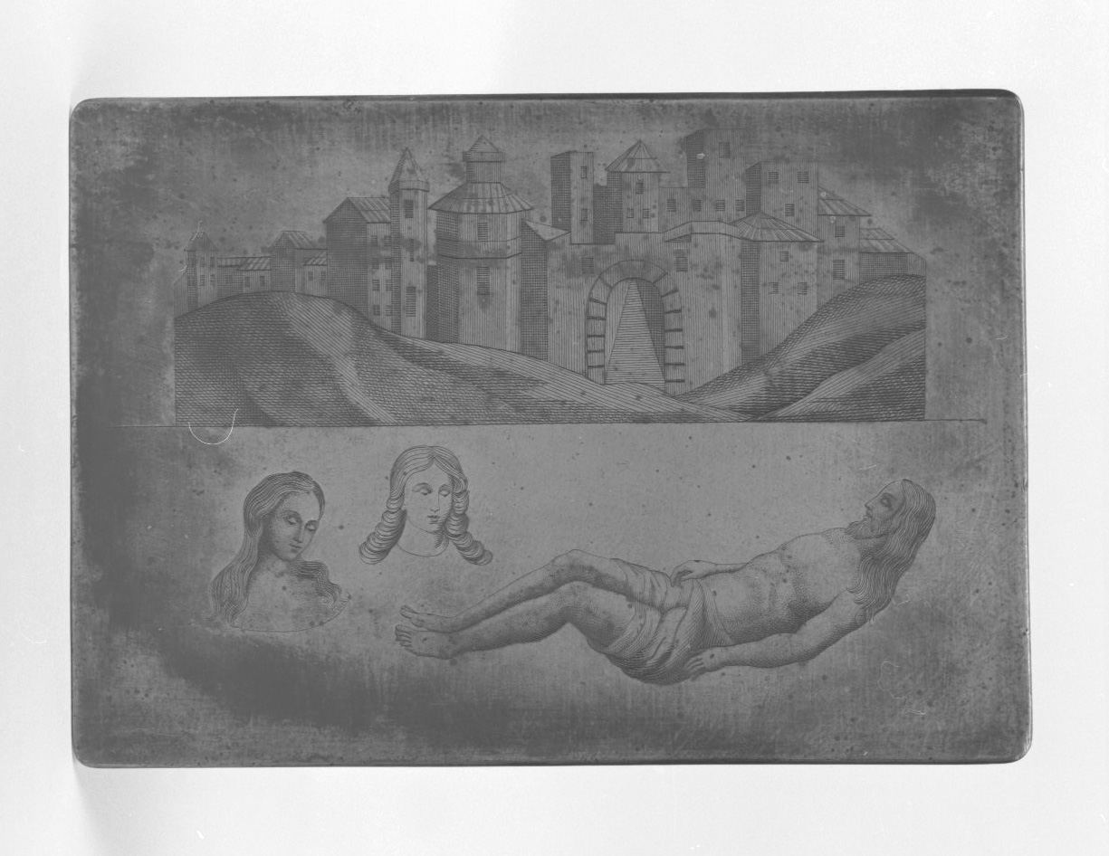 veduta di città, Cristo deposto, due teste di donna (matrice) - ambito italiano (sec. XIX)