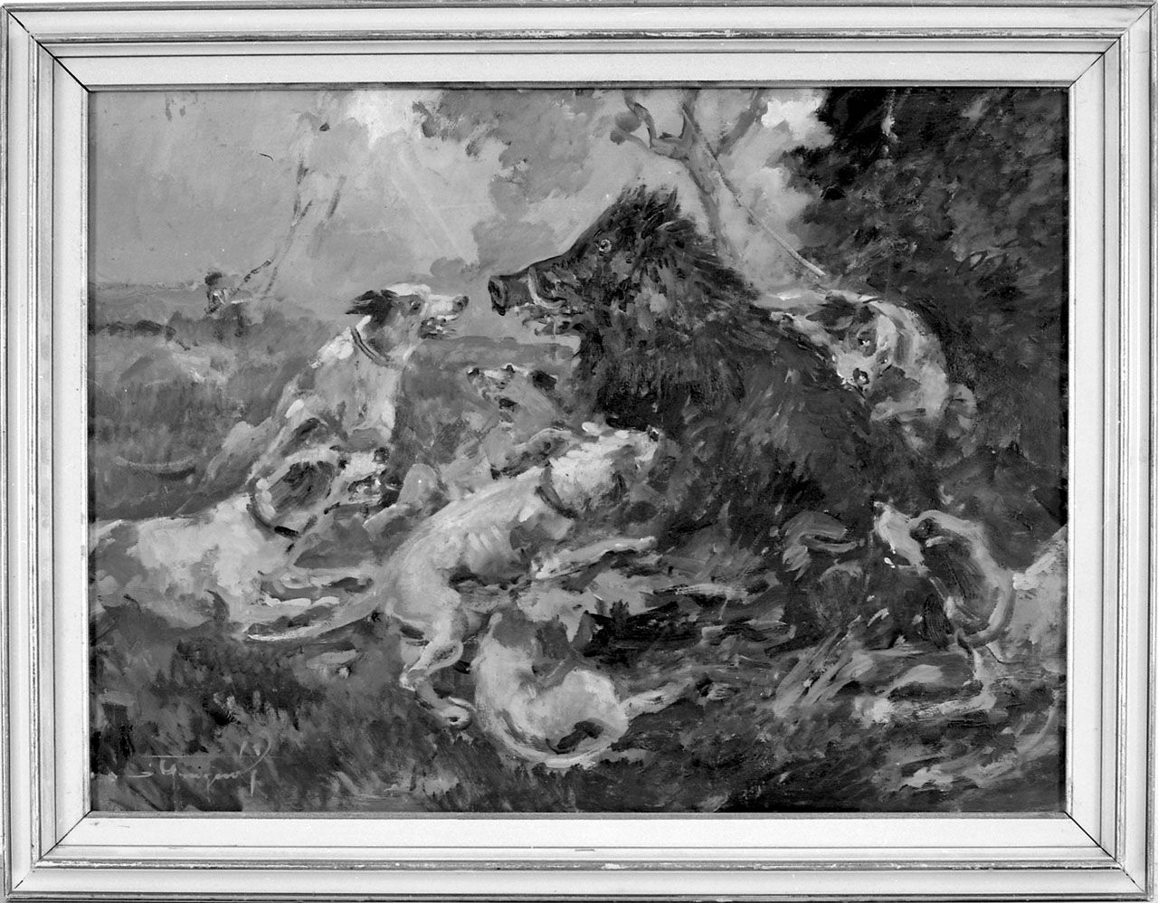 caccia al cinghiale (dipinto, opera isolata) di Gragnoli Ovidio (terzo quarto sec. XX)