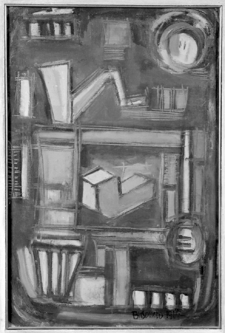 Oggetti d'uso, composizione astratta (dipinto, opera isolata) di Busonero Ennio (sec. XX)