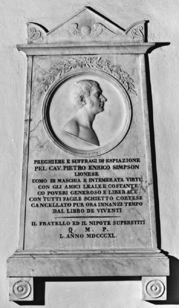 busto ritratto di Pietro Enrico Simpson (lapide commemorativa) di Magi Luigi (secondo quarto sec. XIX)