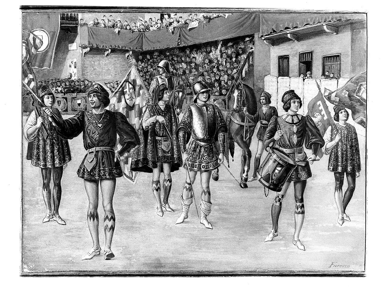 Comparsa della Nobil contrada del Bruco in piazza del Campo a Siena (dipinto, opera isolata) di Ioni Fiorenzo (sec. XX)