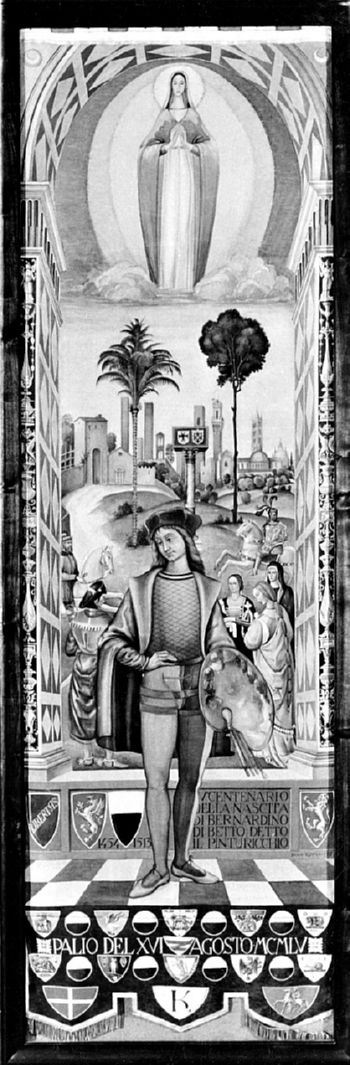 Madonna assunta, ritratto del pittore Bernardino di Betto detto Pintoricchio con veduta degli affreschi della Libreria Piccolomini di Siena, Modonna Assunta con veduta degli affreschi del Pintoricchio (palio) di Rofi Dino (sec. XX)