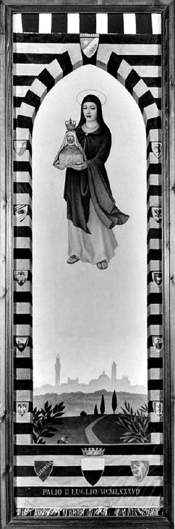 Madonna in gloria, Madonna di Provenzano e veduta della città di Siena (palio) di Chiti Otello (sec. XX)