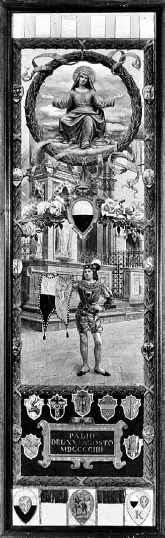 Madonna Assunta, trombetto di palazzo di fronte alla cappella di Piazza (palio) di Loli Piccolomini Pietro (sec. XX)