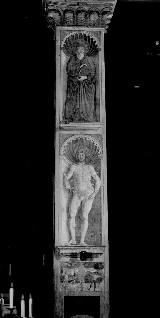 Santa Monica, San Sebastiano e martirio di San Sebastiano (dipinto) di Benozzo di Lese detto Benozzo Gozzoli (attribuito) (sec. XV)