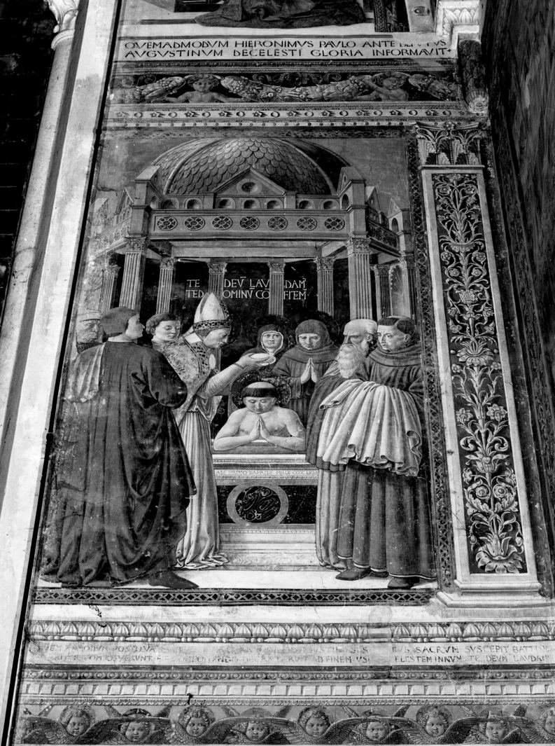 Sant'Ambrogio battezza Sant'Agostino (dipinto) di Benozzo di Lese detto Benozzo Gozzoli (attribuito) (sec. XV)