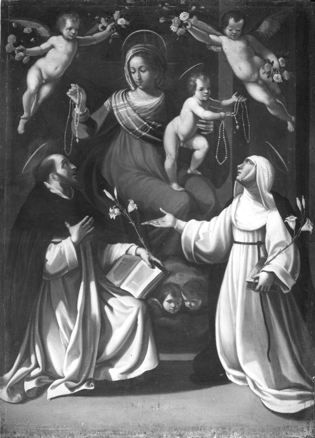 Madonna del Rosario con San Domenico e Santa Caterina da Siena (dipinto) di Capitelli Bernardino (sec. XVII)