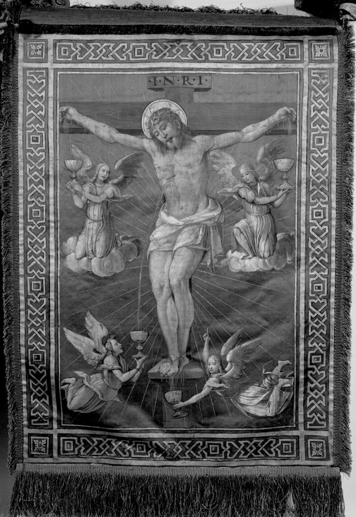 Cristo crocifisso (lambrecchino di baldacchino, elemento d'insieme) di Cini Giovanni di Lorenzo (attribuito) (sec. XVI)