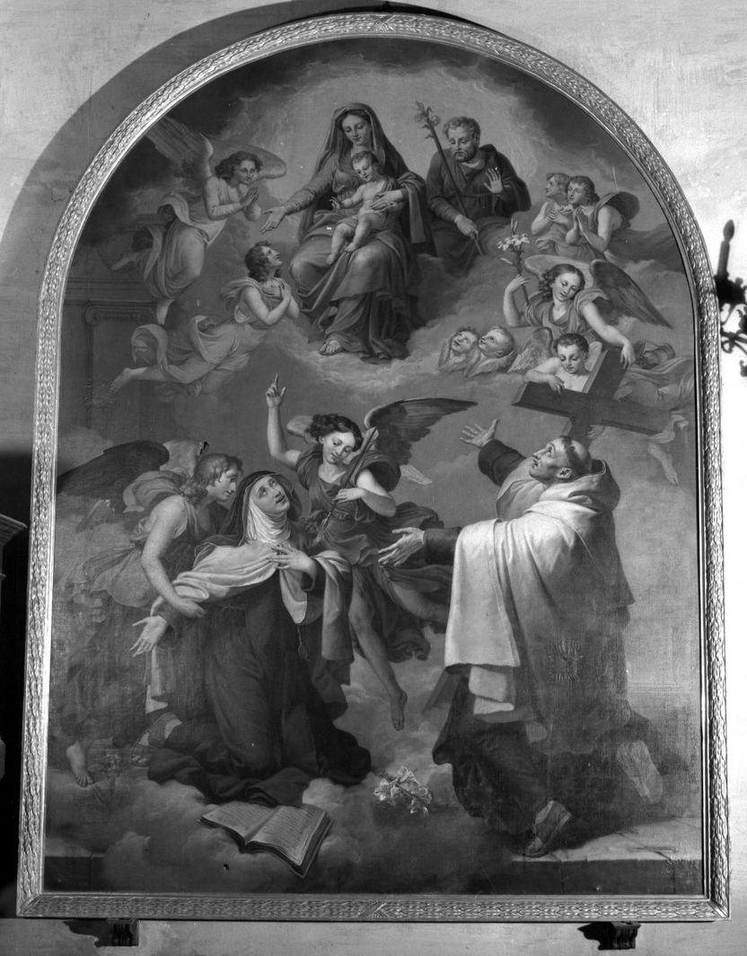 Sacra famiglia che appare a Santa Teresa e San Giovanni della Croce (dipinto) di Burbarini Deifebo (sec. XIX)