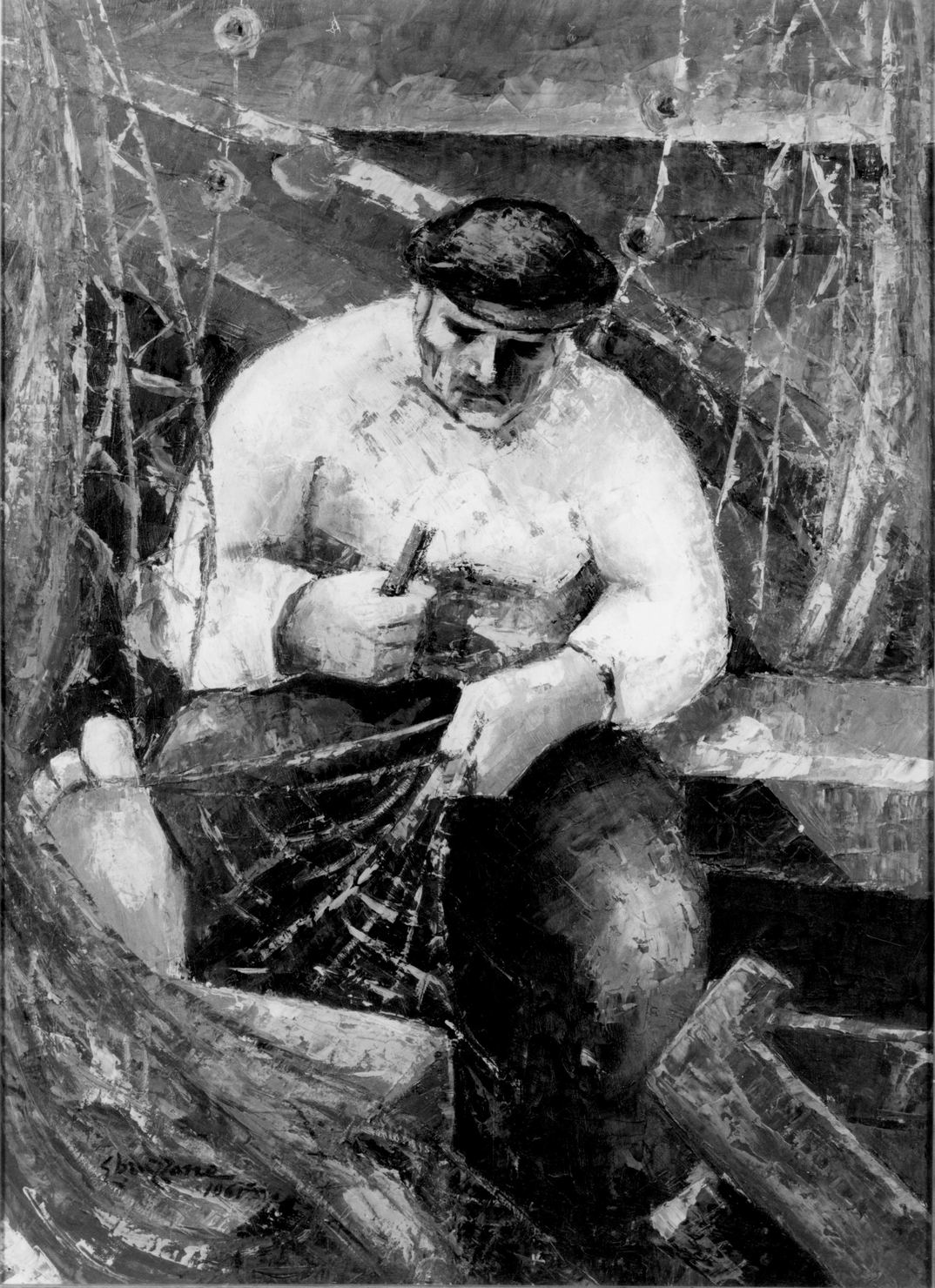 Pozzolano, pescatore con la rete (dipinto) di Bruzzone Ezio (sec. XX)