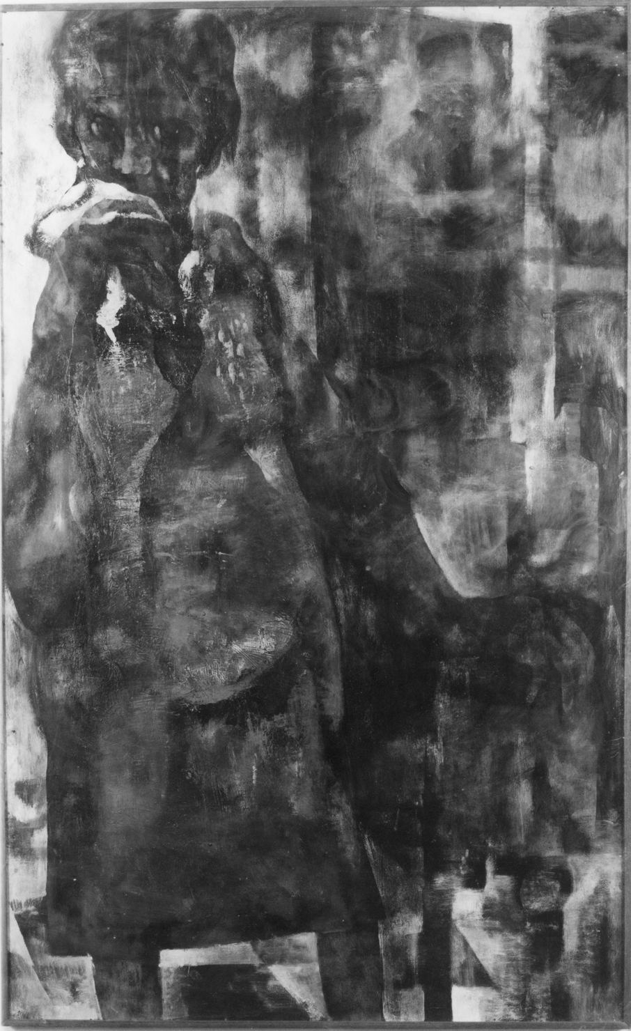 Donna con fazzoletto, figura femminile (dipinto) di Pini Giuliano (terzo quarto sec. XX)
